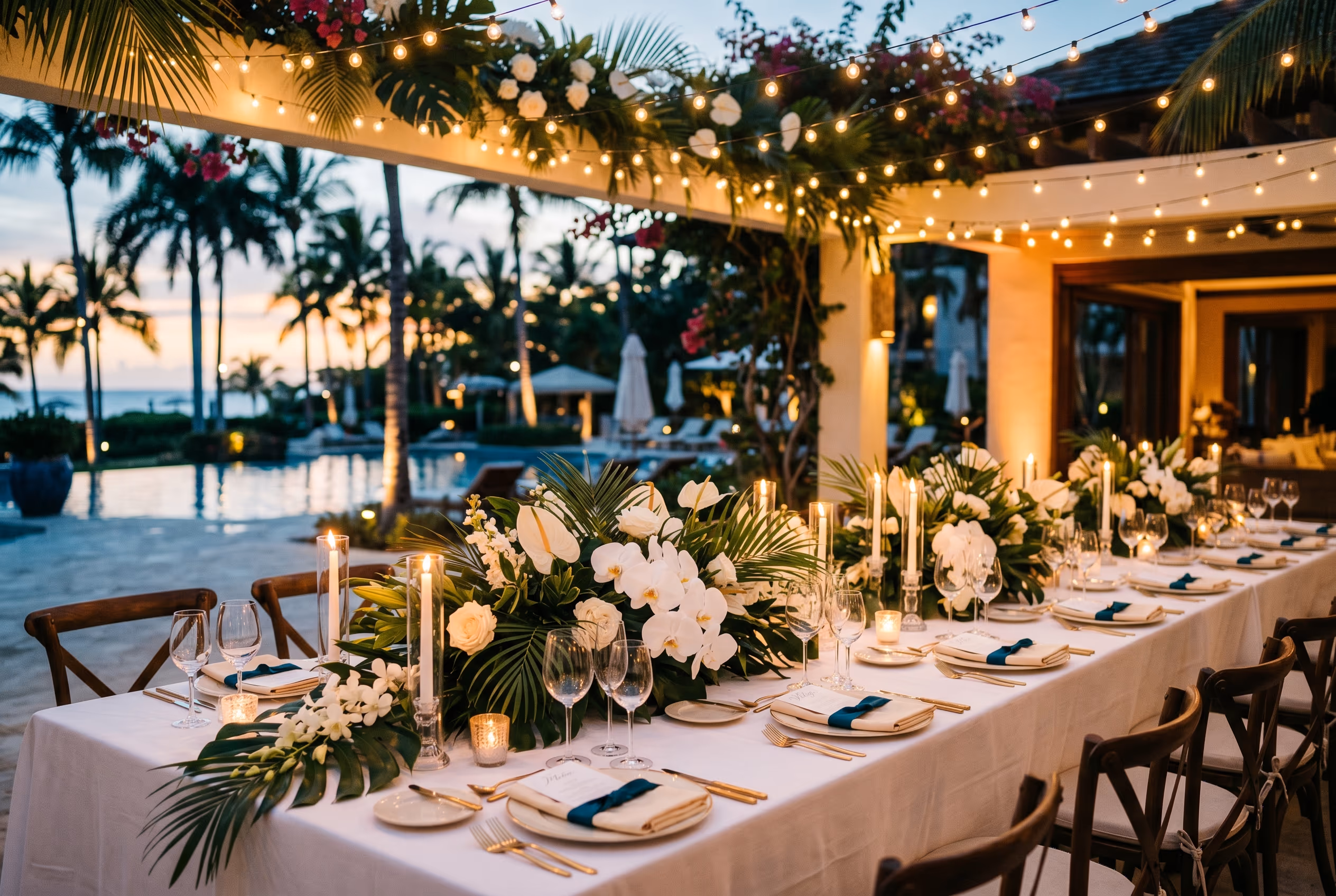 Mesa de boda decorada en Hotel Malibu con centros florales tropicales