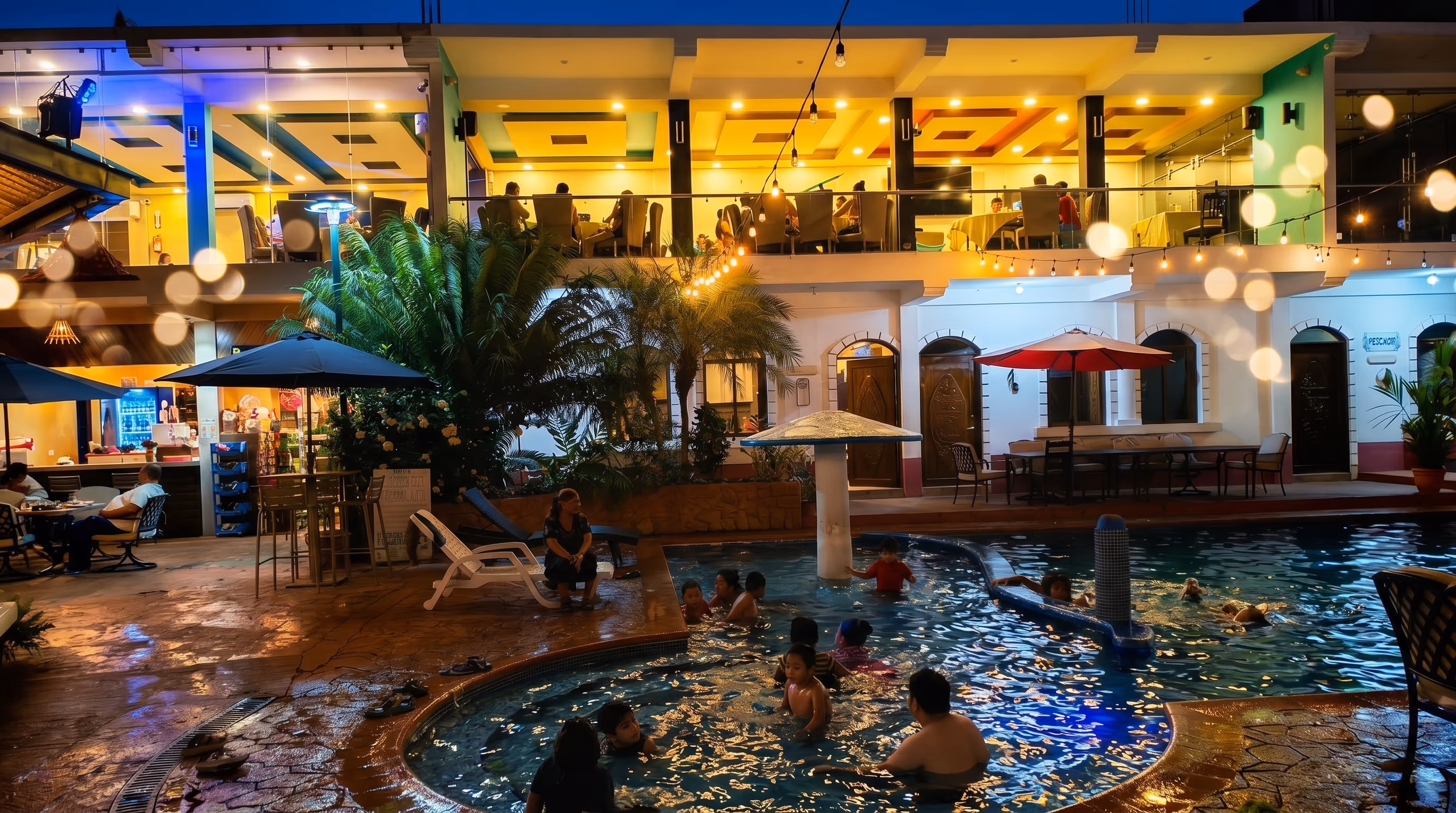 Atardecer en Hotel Malibu con luces colgantes sobre la piscina y restaurante iluminado