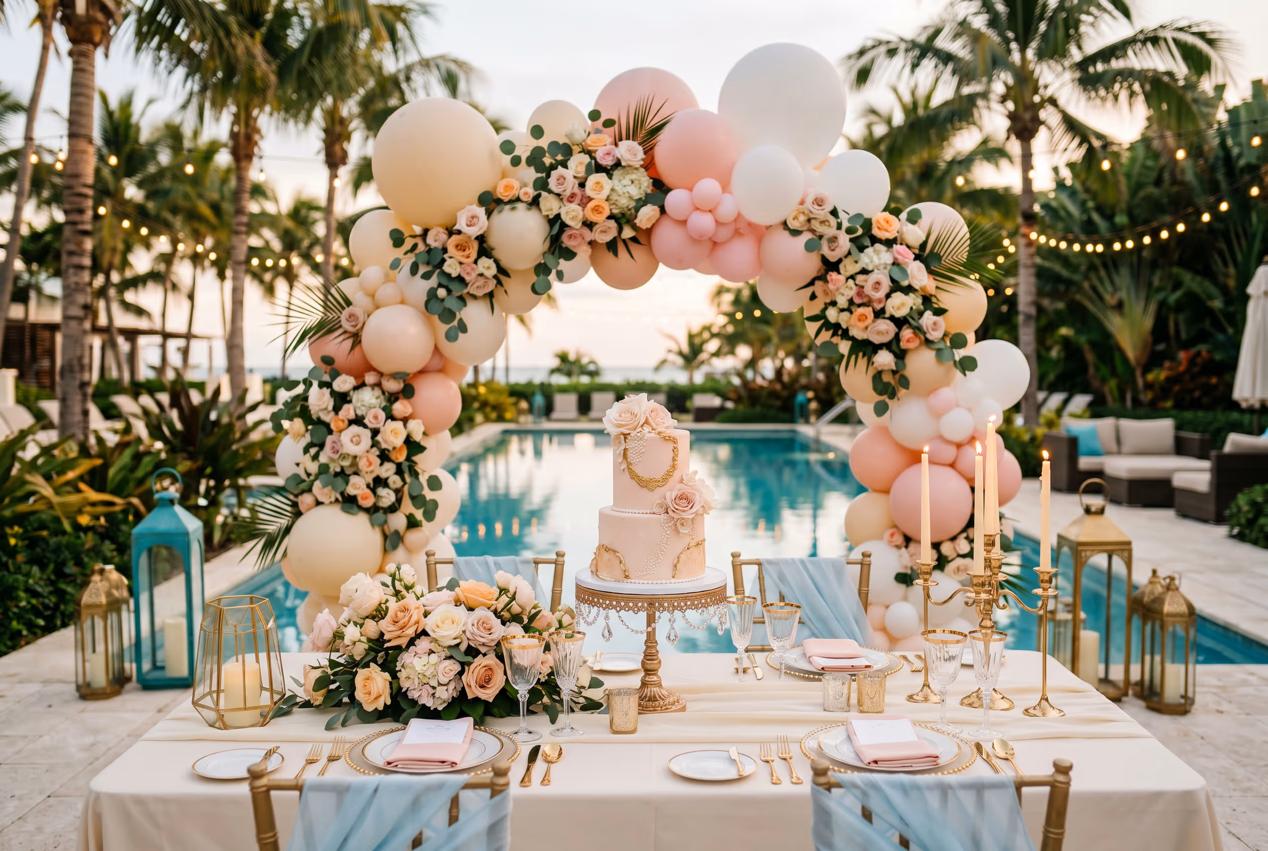 Decoración para quinceañera en Hotel Malibu con mesa principal, arco de globos y pastel decorado