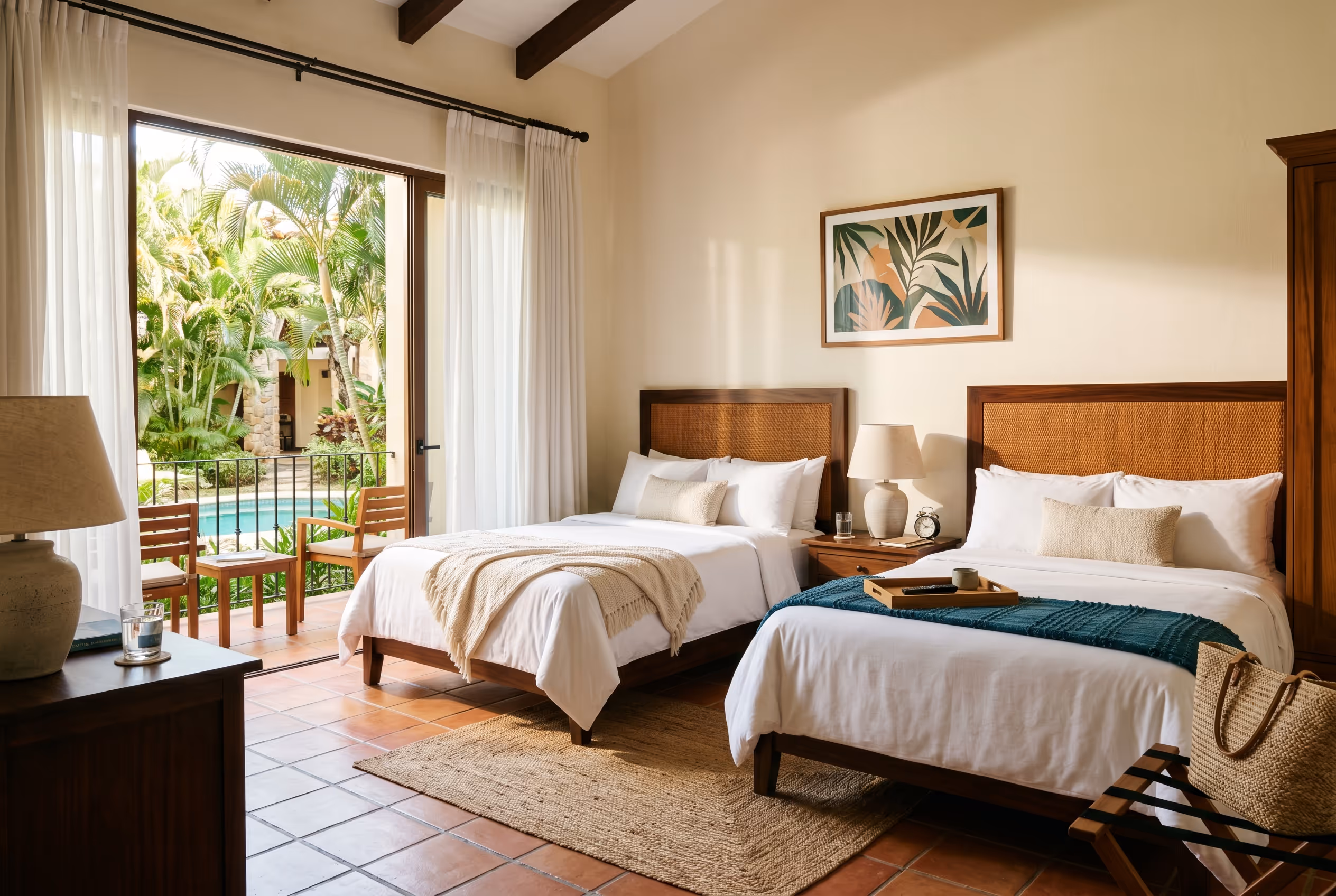 Habitación doble del Hotel Malibu con dos camas, balcón y vista a palmeras