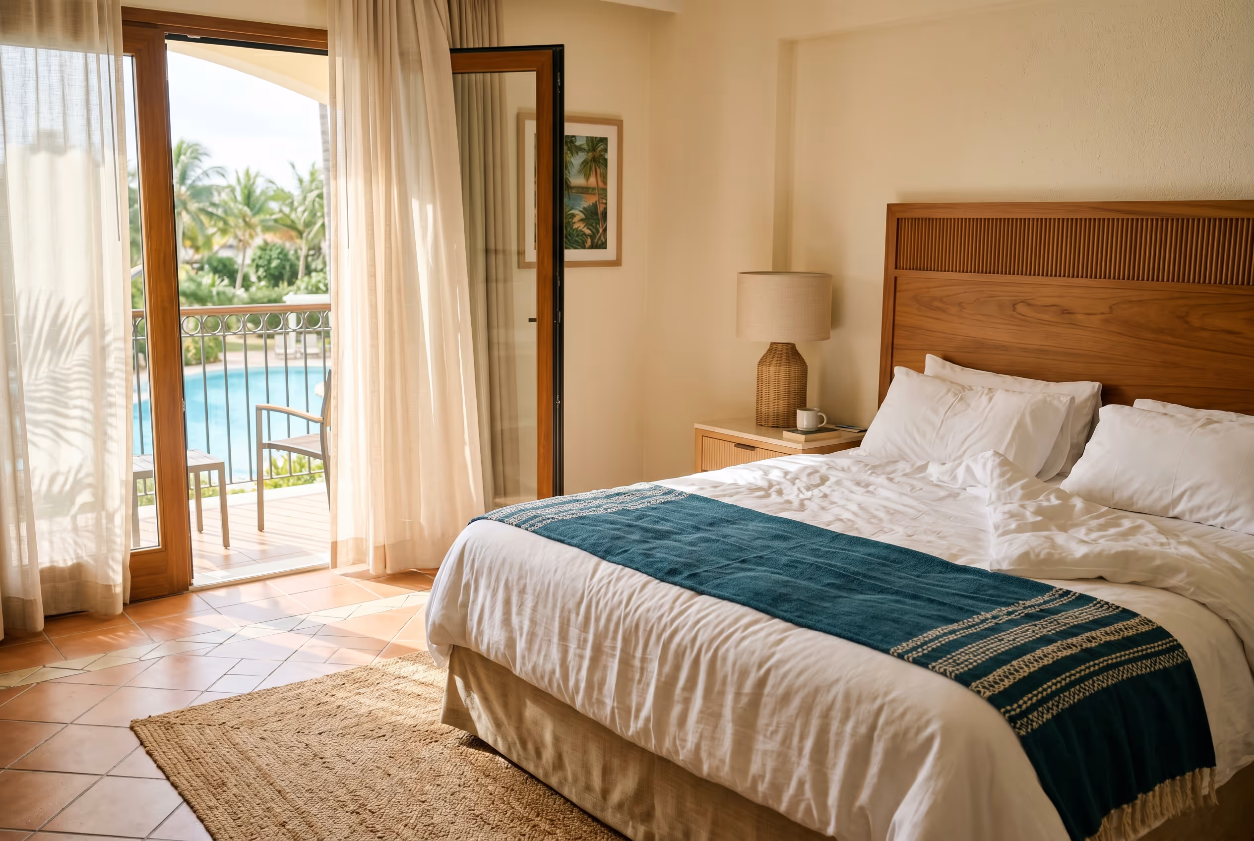 Habitación tipo King del Hotel Malibu con cama amplia, vestimenta blanca, balcón privado y vista tropical