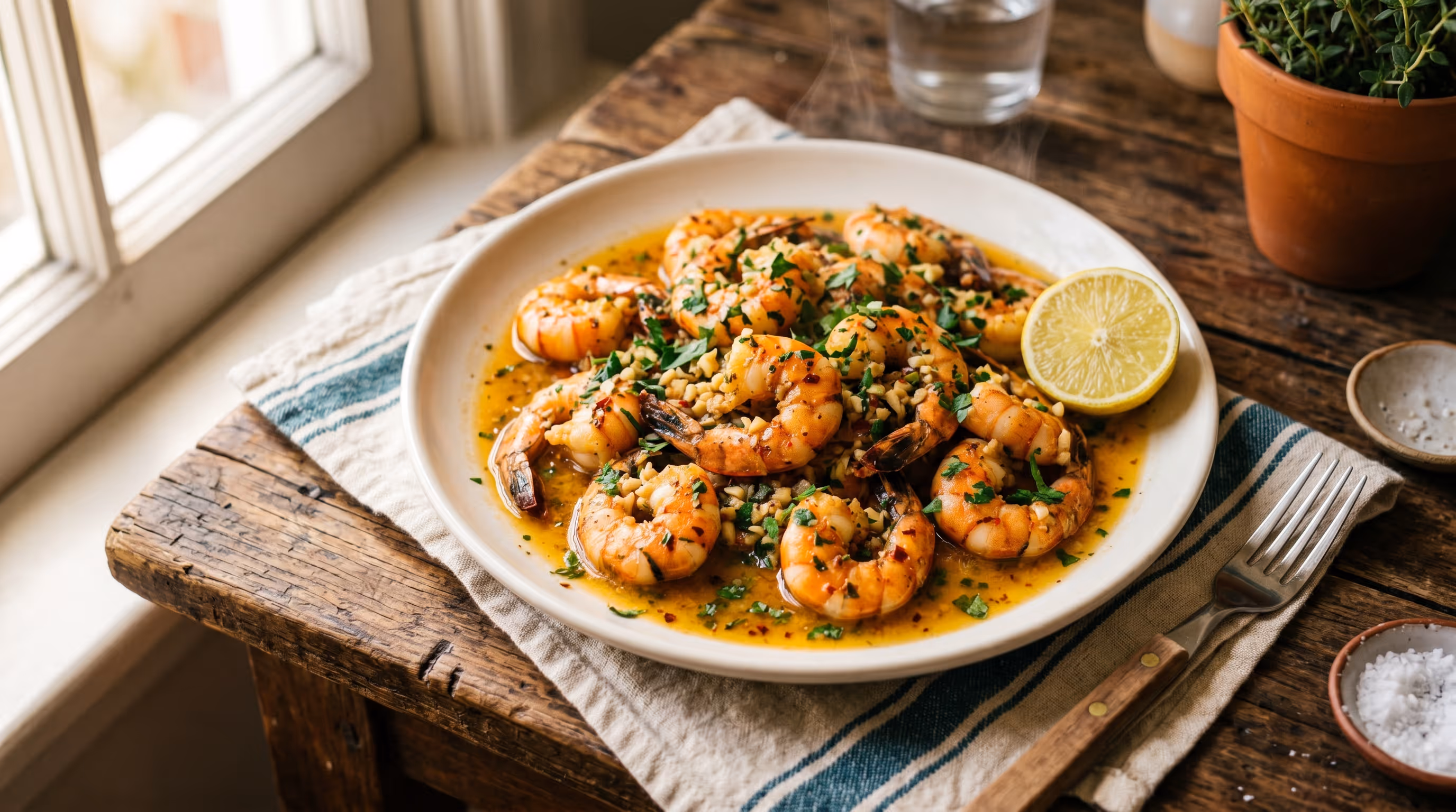 Camarones al ajillo servidos en el restaurante de Hotel Malibu