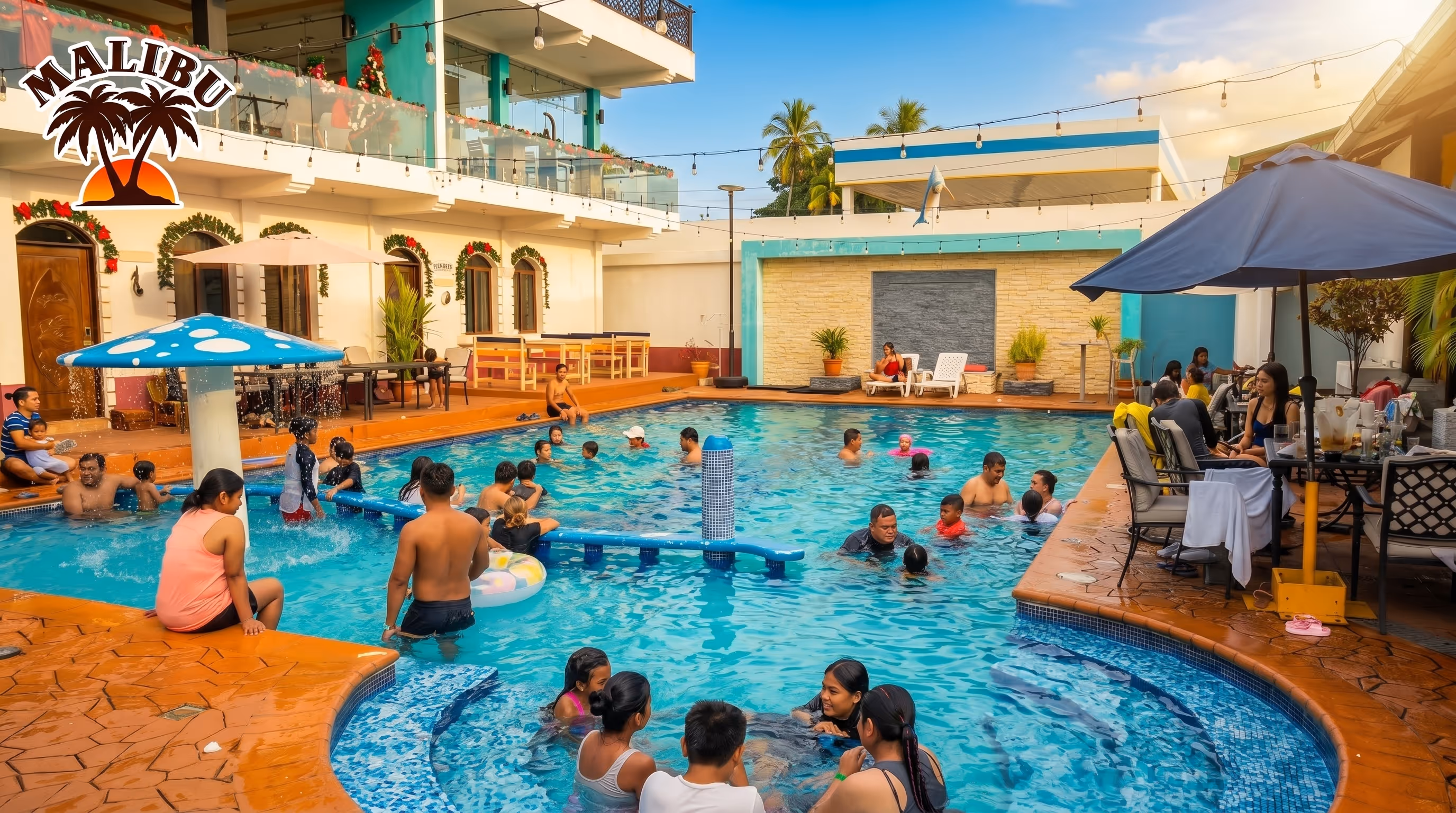 Piscina principal del Hotel Malibu con familias y fachada blanca de habitaciones de balcón