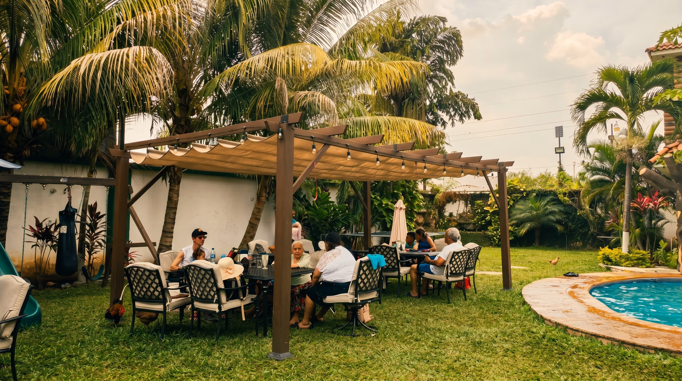 Restaurante al aire libre del Hotel Malibu bajo pérgola, familias disfrutando bajo palmeras